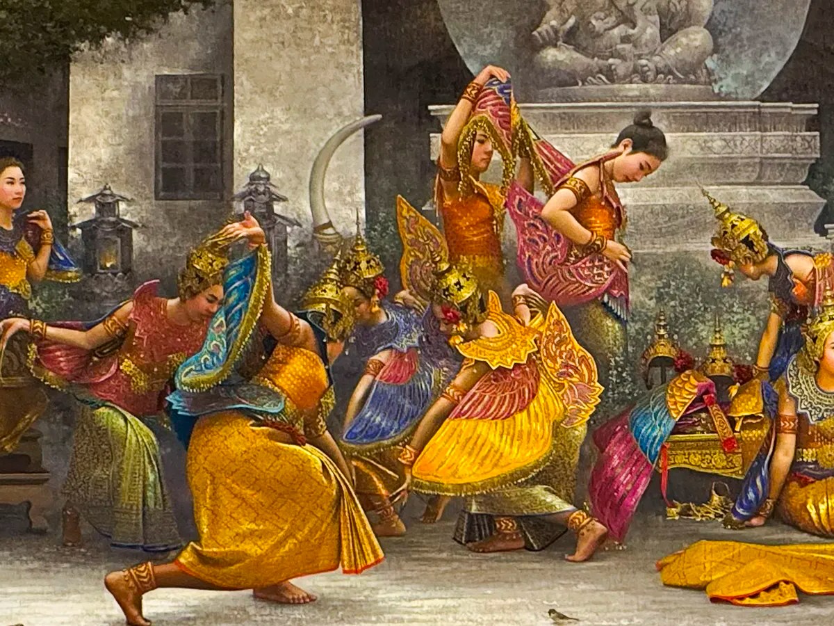 Thai painting Sita In Suan Kwan by Watchara Klakhakhai that depicts thai women in tradition virant colorful clothes