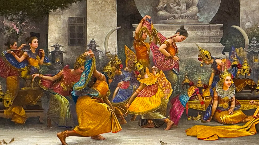 Thai painting Sita In Suan Kwan by Watchara Klakhakhai that depicts thai women in tradition virant colorful clothes